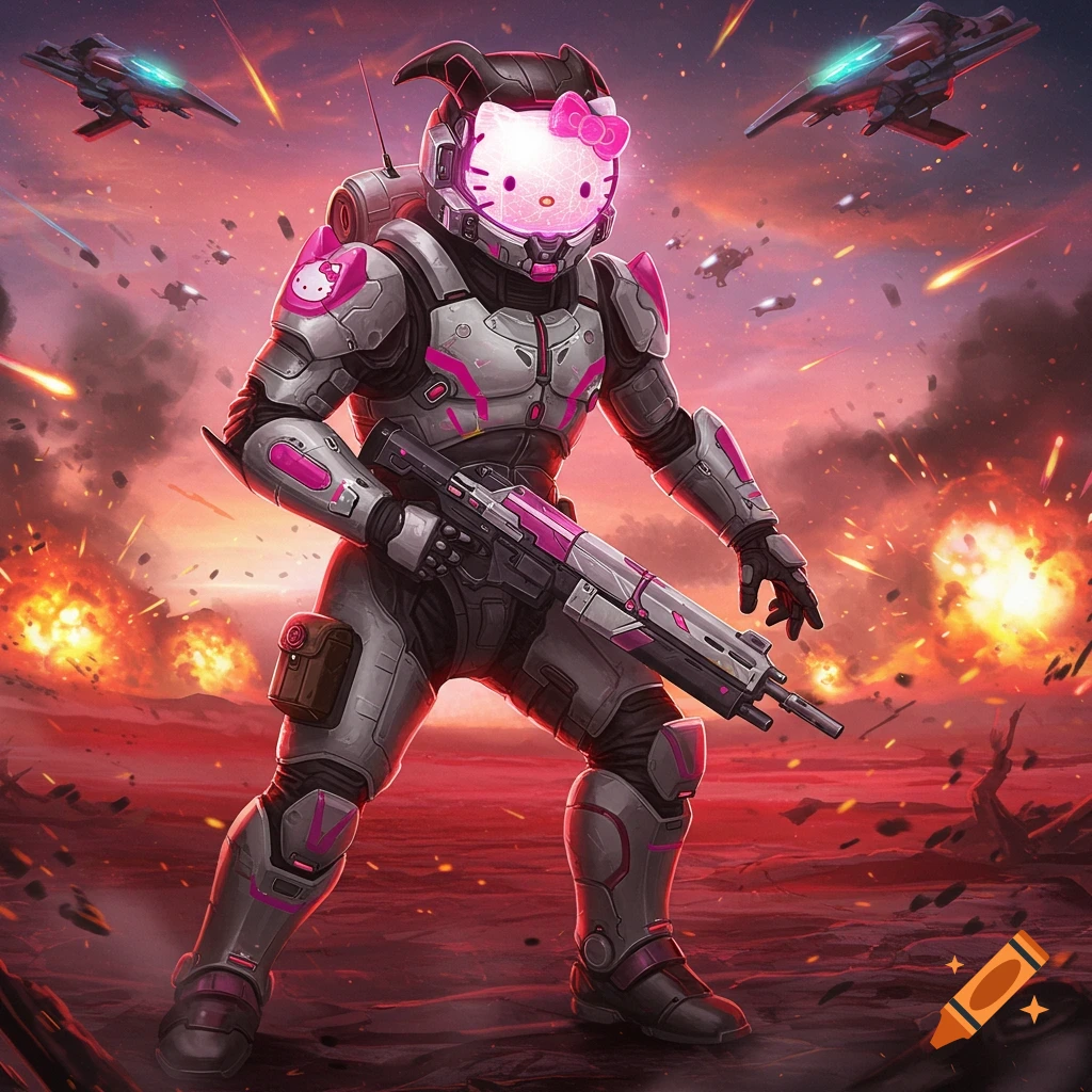 Hello Kitty Helldiver in futuristic armor, holding a rifle, on an alien battlefield with explosions and spaceships.