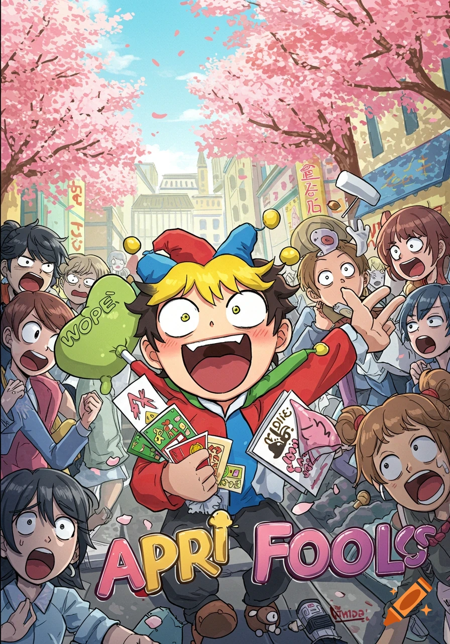 An anime-style street scene with cherry blossoms, featuring a jester-hatted person gleefully holding cards while surprised onlookers react around them. Text reads "APRI FOOLS".