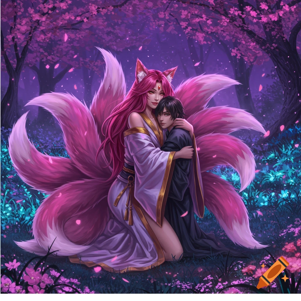Anime art of a magenta-haired kitsune woman with nine tails embracing a dark-haired man in a vibrant purple cherry blossom forest.