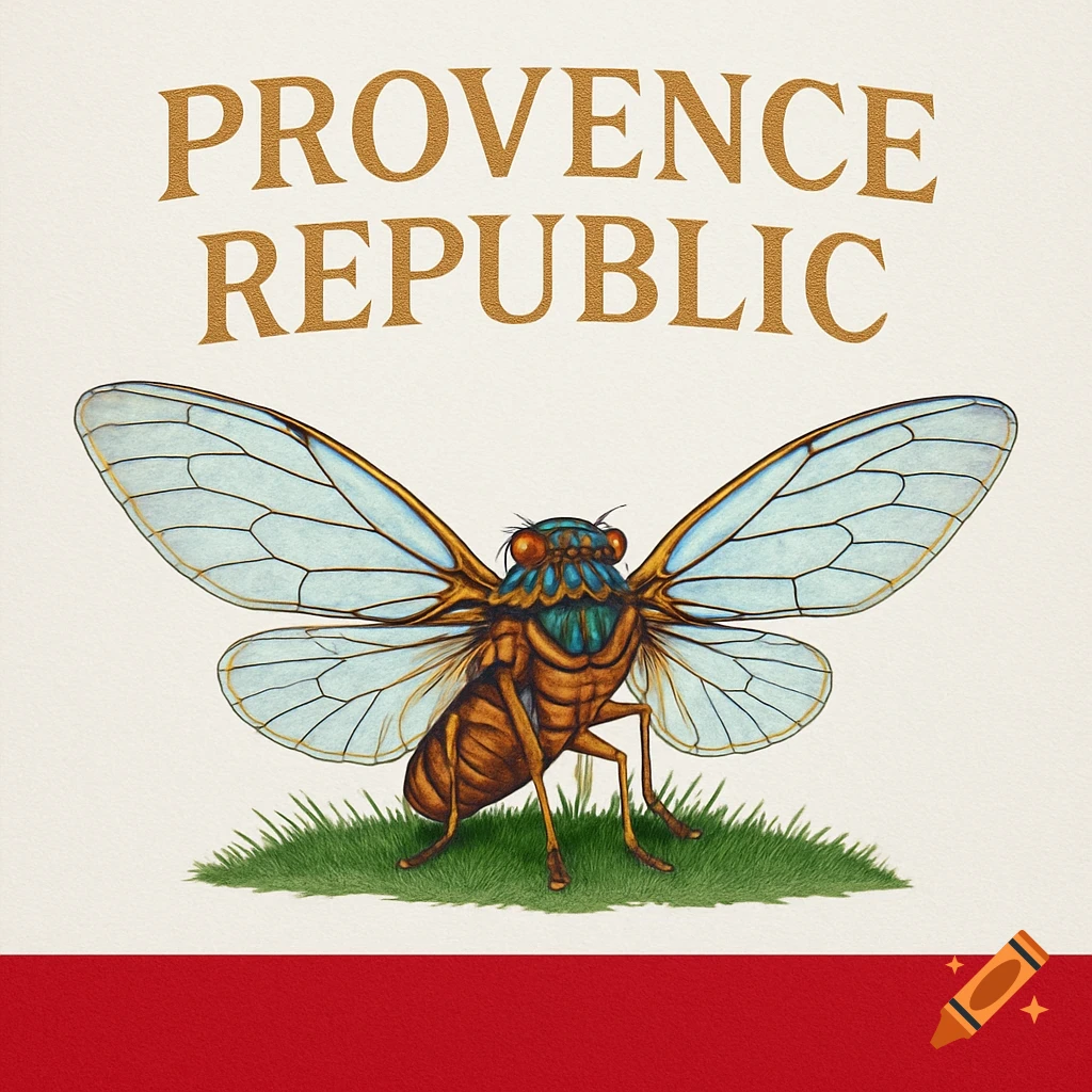 Illustration of a cicada on grass with 'PROVENCE REPUBLIC' text above, against a cream and red background.
