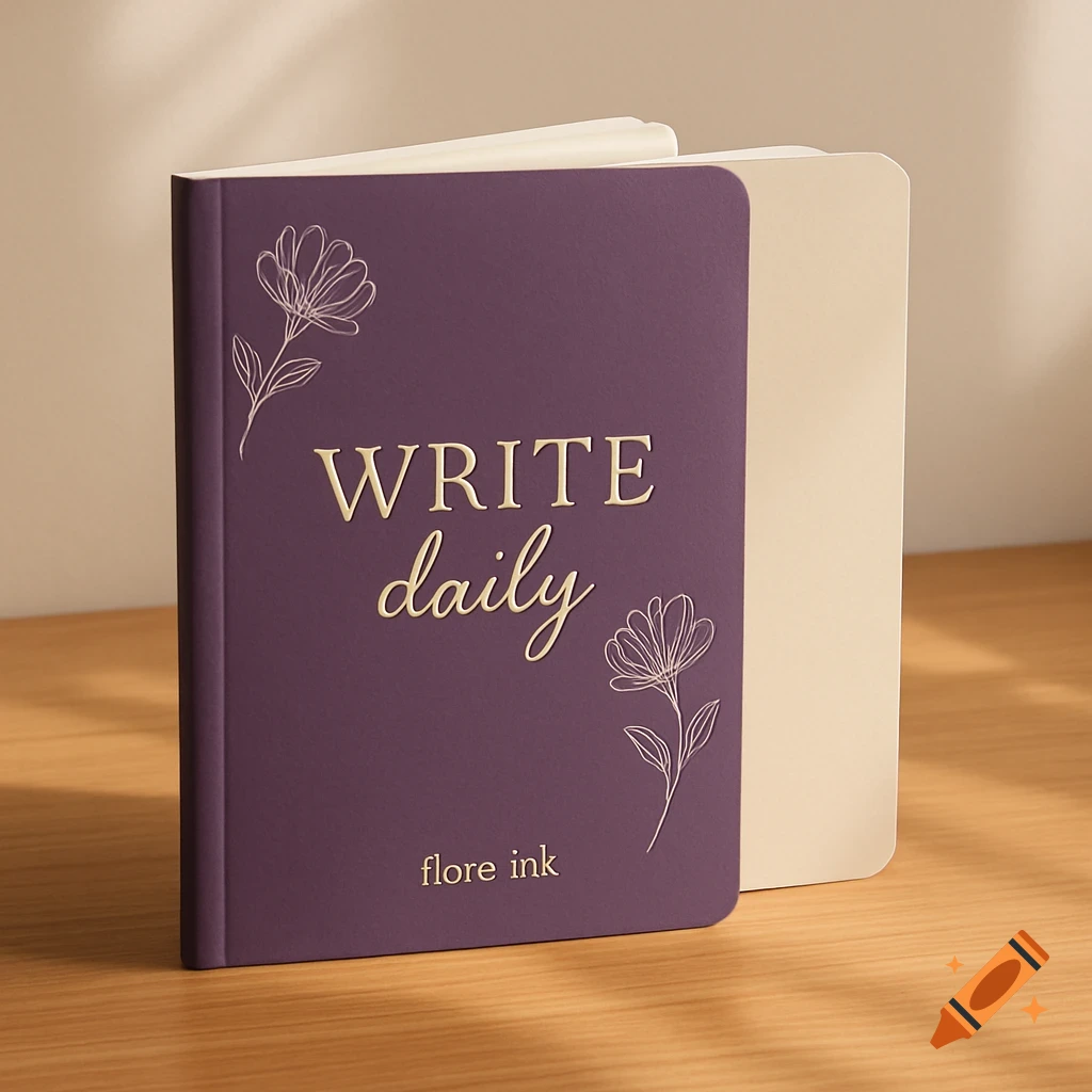 A purple soft-cover notebook with 'WRITE daily' in gold text and white flower illustrations, standing open on a clean wooden desk.