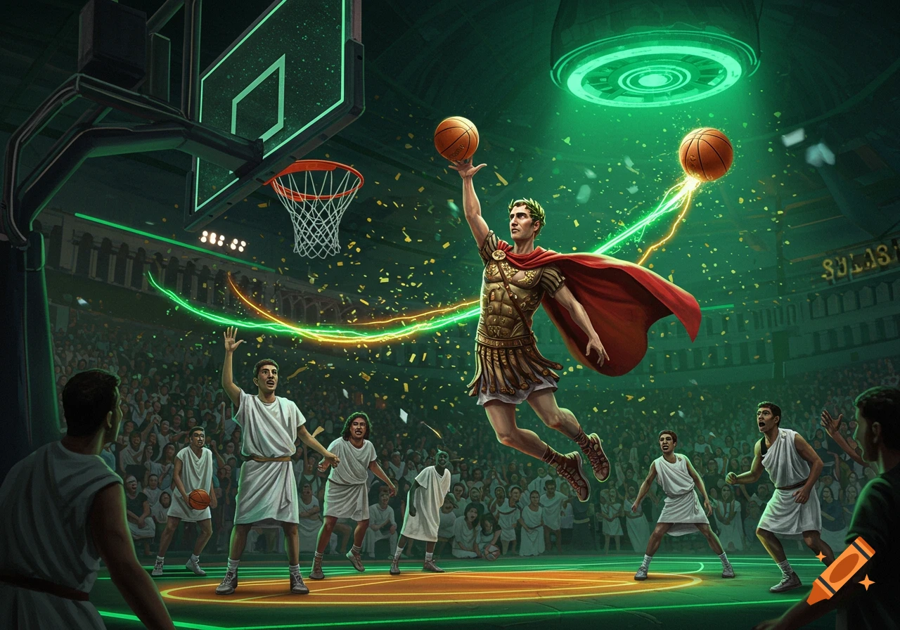 Julius Caesar dunks a glowing basketball in a futuristic neon-green arena before a cheering crowd.