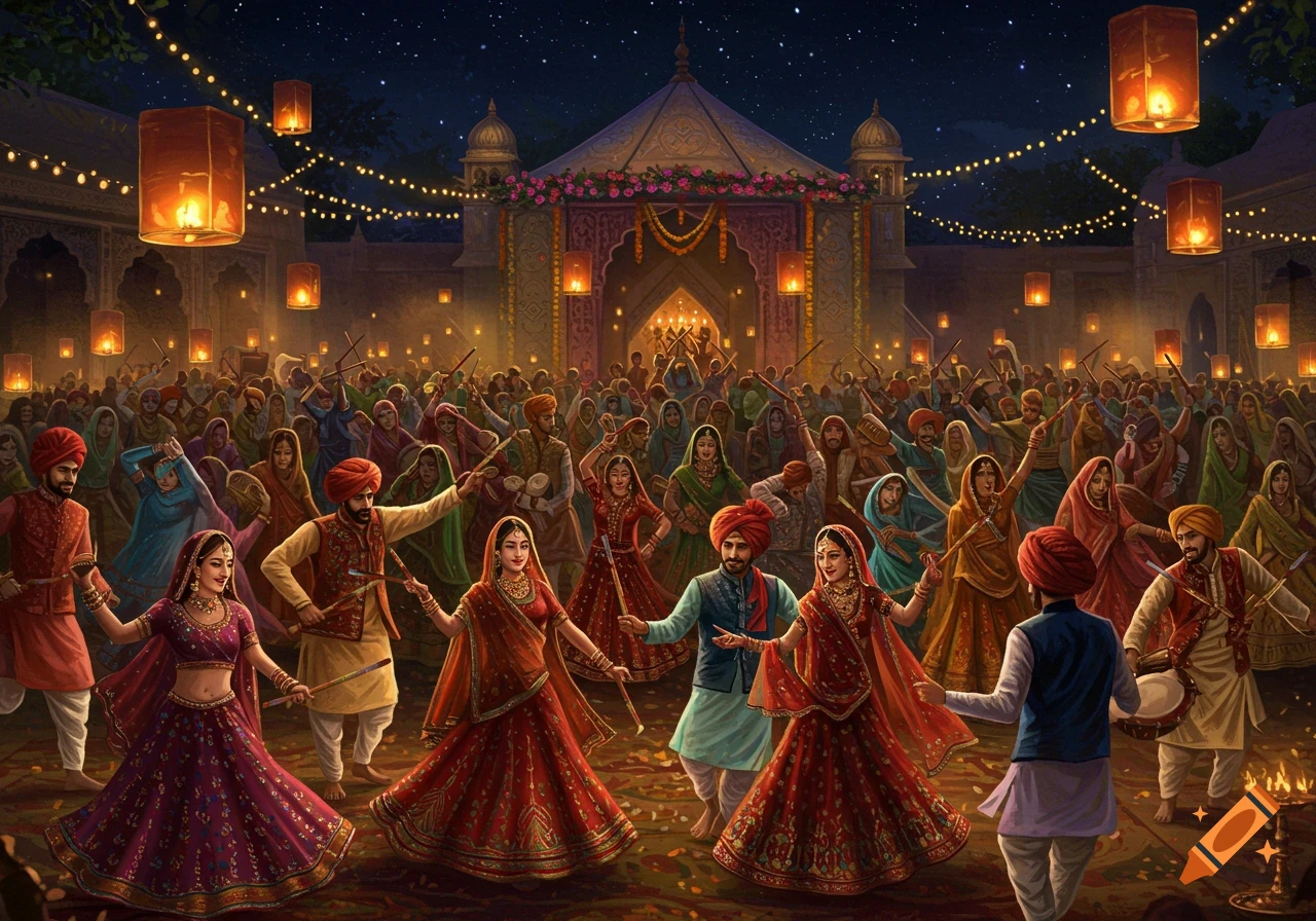 A vibrant night scene of a large crowd of traditionally dressed people doing Garba and Dandiya dances during Navratri, with lanterns and a decorated temple in the background.