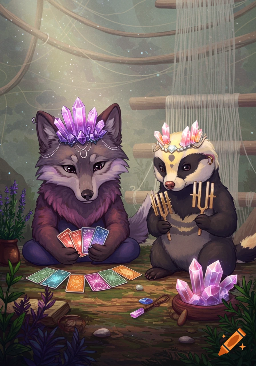 Chibi coywolf and honey badger with crystal crowns doing spiritual work with tarot cards, tuning forks, crystals, and herbs.