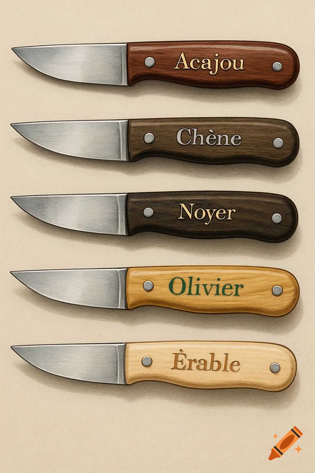 Five illustrations of knives, each with a silver blade and a distinct wooden handle labeled in French: Acajou, Chêne, Noyer, Olivier, Érable.