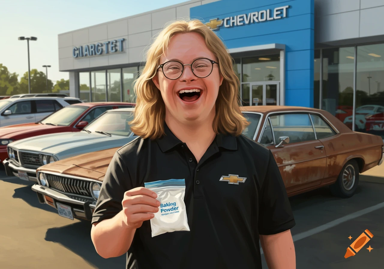 A man with long blonde hair and glasses, with features consistent with Down syndrome, laughs while holding a small bag of baking powder in front of a Chevrolet dealership and old cars. The style is illustrative.