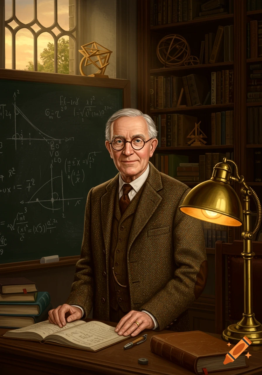 A distinguished elderly man in a tweed suit and glasses sits at a desk with an open book and lamp, with a math chalkboard behind him.