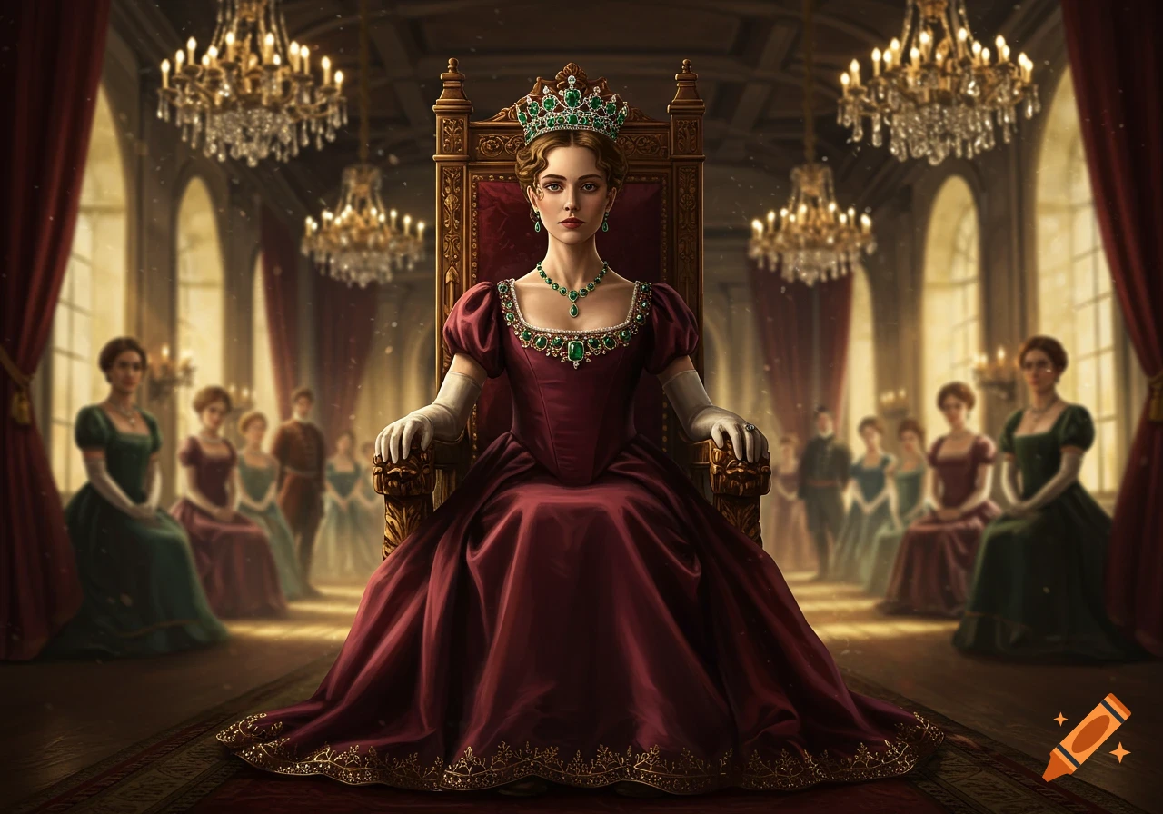 A queen in a burgundy gown and emerald crown sits on a golden throne in a grand hall, with blurred courtiers in the background.