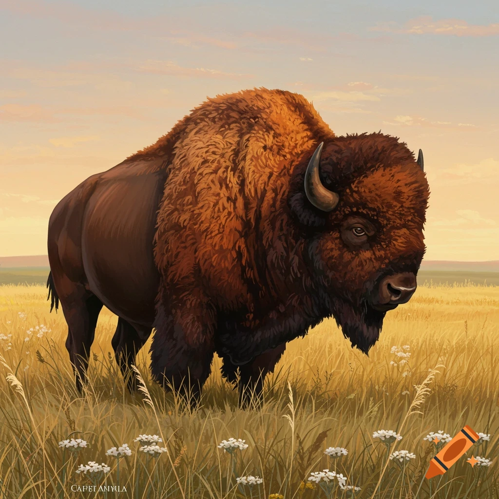 An illustrative painting of a large brown bison standing in a golden grass field under a pale sky.