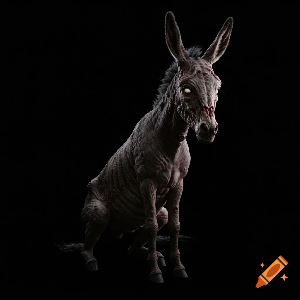 A diseased, sinister donkey with white eyes sits in a black void, depicted in a highly realistic, dark fantasy style.
