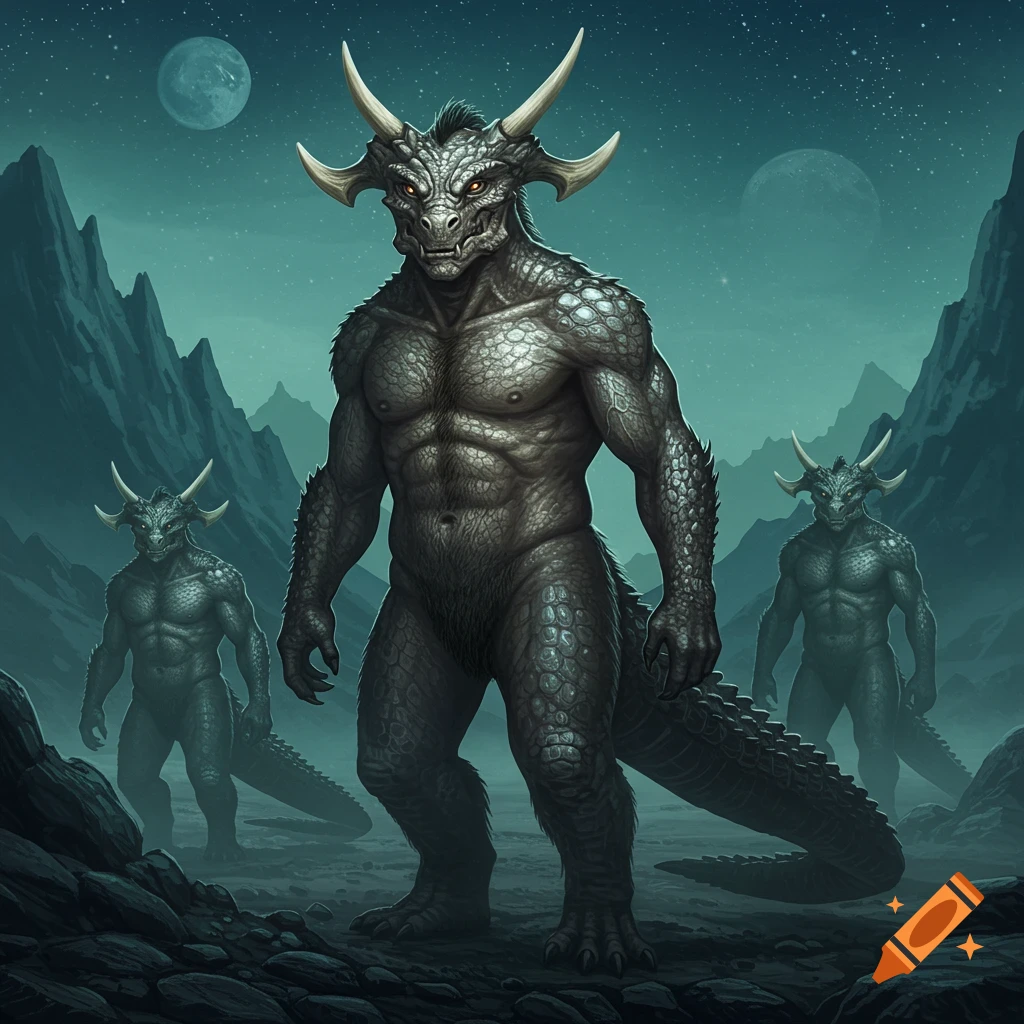 Three muscular, horned, scaly reptilian humanoids with long tails stand on a rocky alien planet under a night sky with multiple moons.