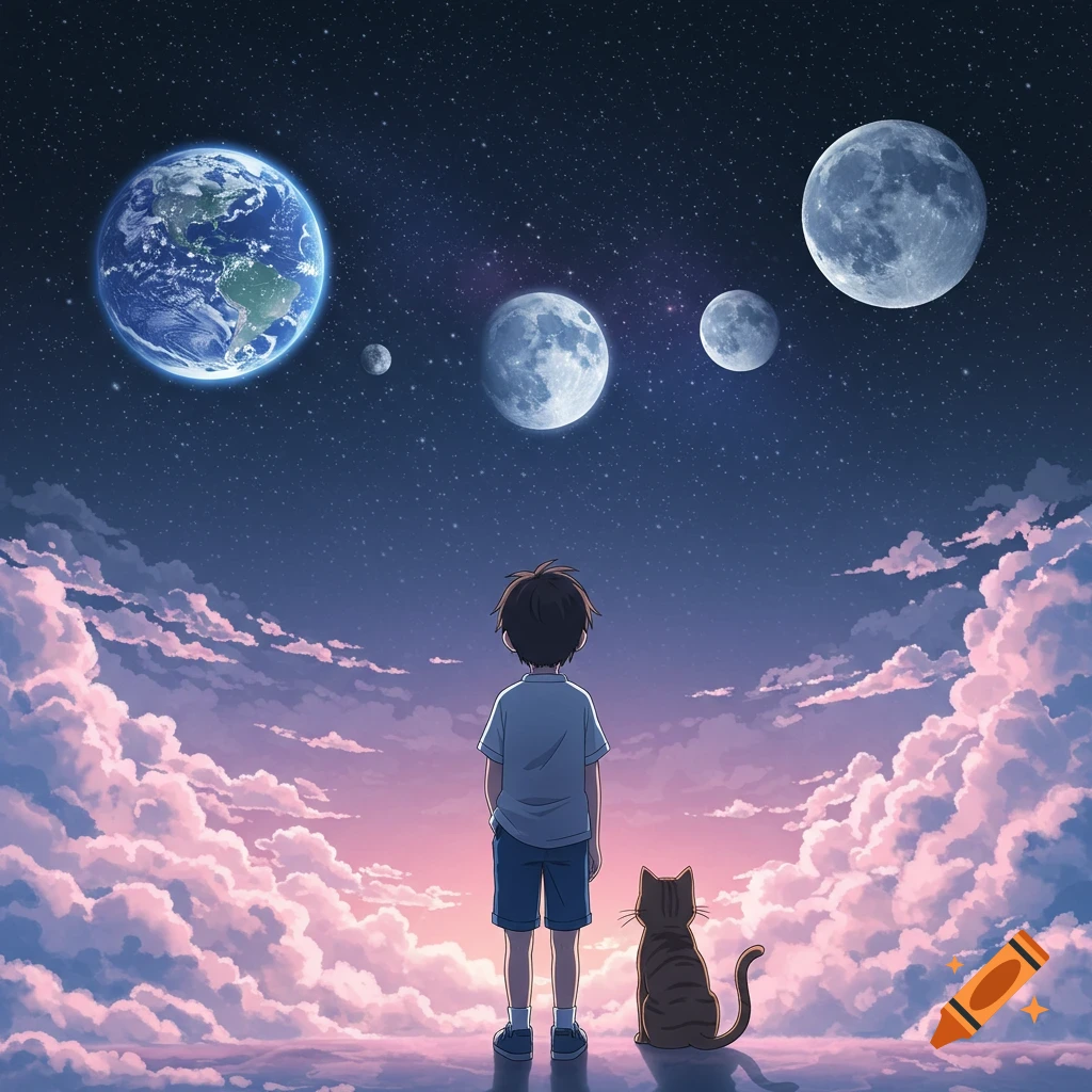 Anime boy and a cat look up at Earth and multiple moons in a starry sky with pink clouds.