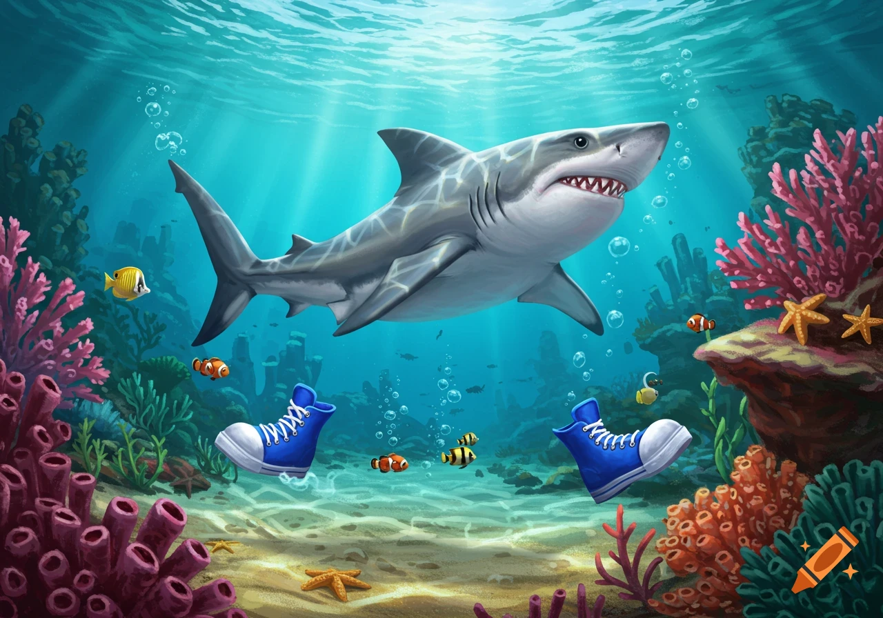 A cartoon great white shark swims underwater with two blue sneakers, surrounded by colorful coral, small fish, and starfish.