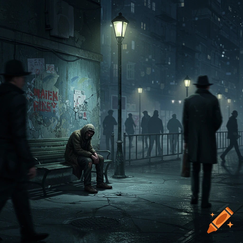 A man in a hooded coat sits on a park bench under a lamppost on a dark, rainy city street, with blurred figures in the background.