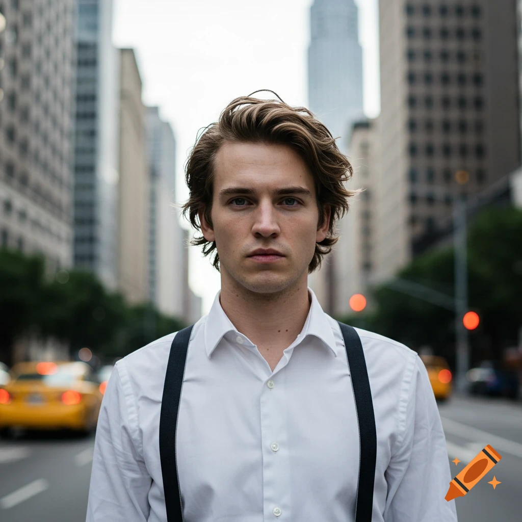 A photorealistic portrait of a serious man in a white shirt and suspenders standing on a city street.