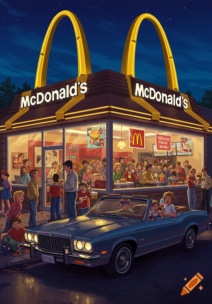 An illustration of a bustling McDonald's at night, with many people inside and a blue convertible parked outside.