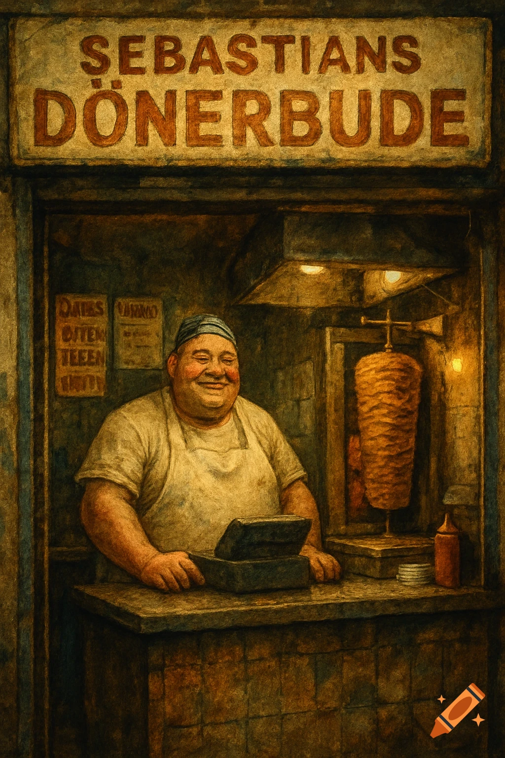 A portly man in an apron and cap smiles behind a counter at Sebastian's Dönerbude, with a large kebab spit behind him. Painterly style.