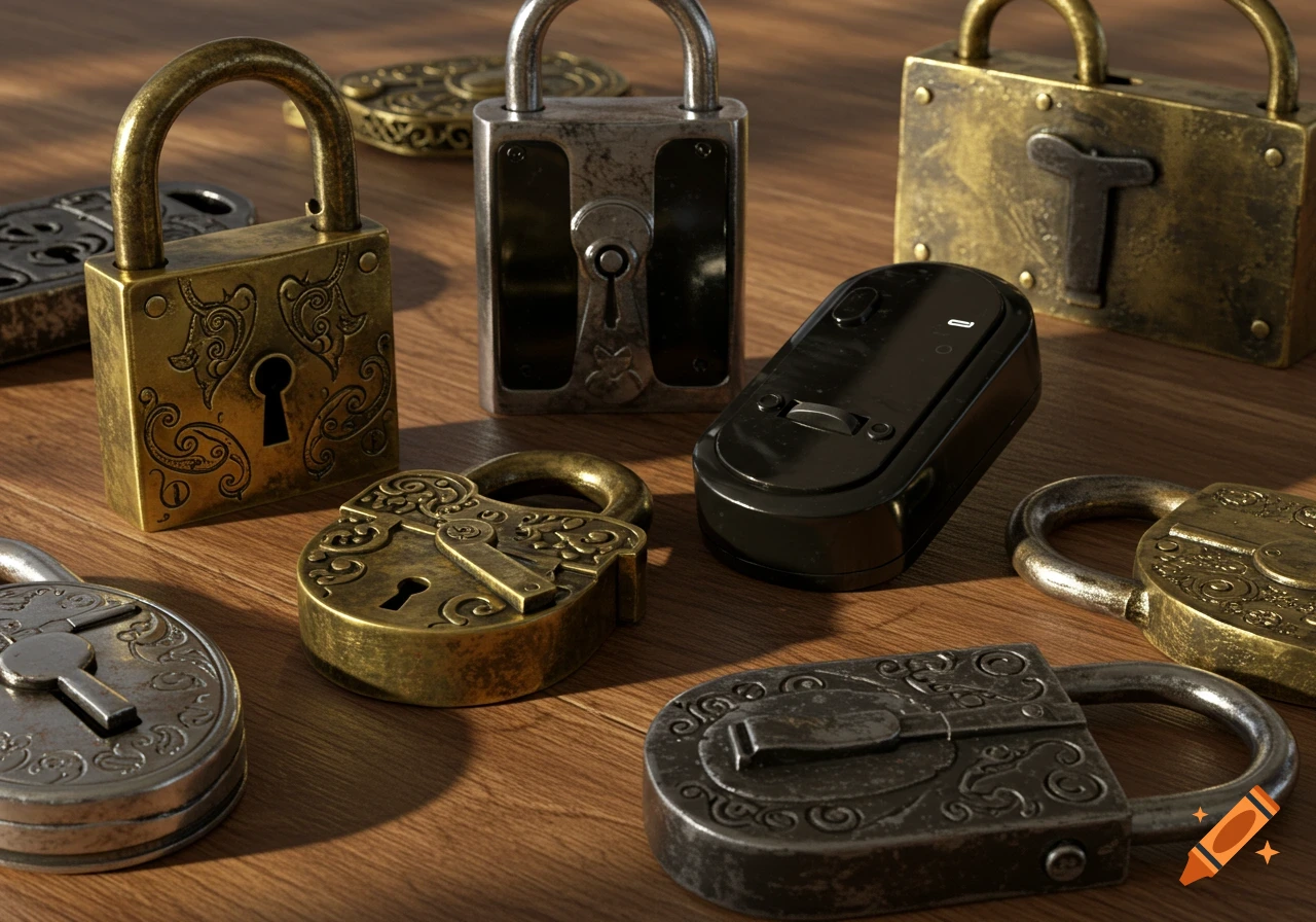 A close-up view of various antique and modern locks with intricate designs on a wooden surface, photorealistic style.