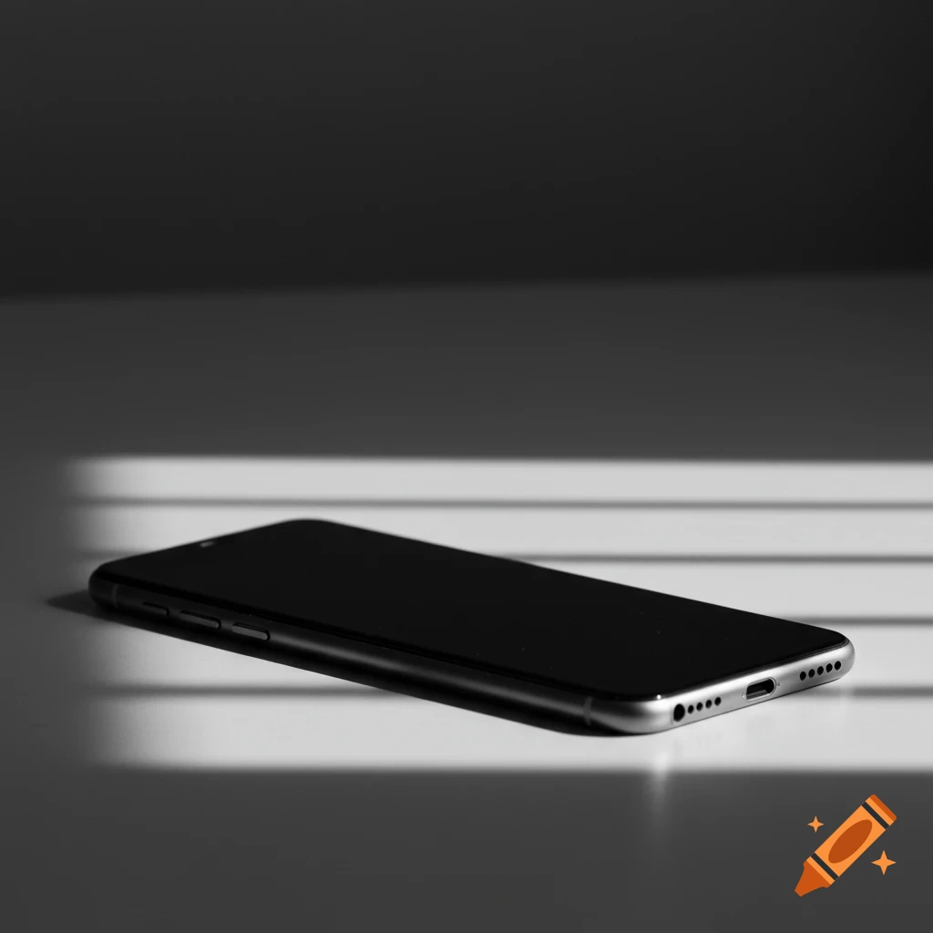 Monochrome photo of a black mobile phone lying on a surface with striped shadows.