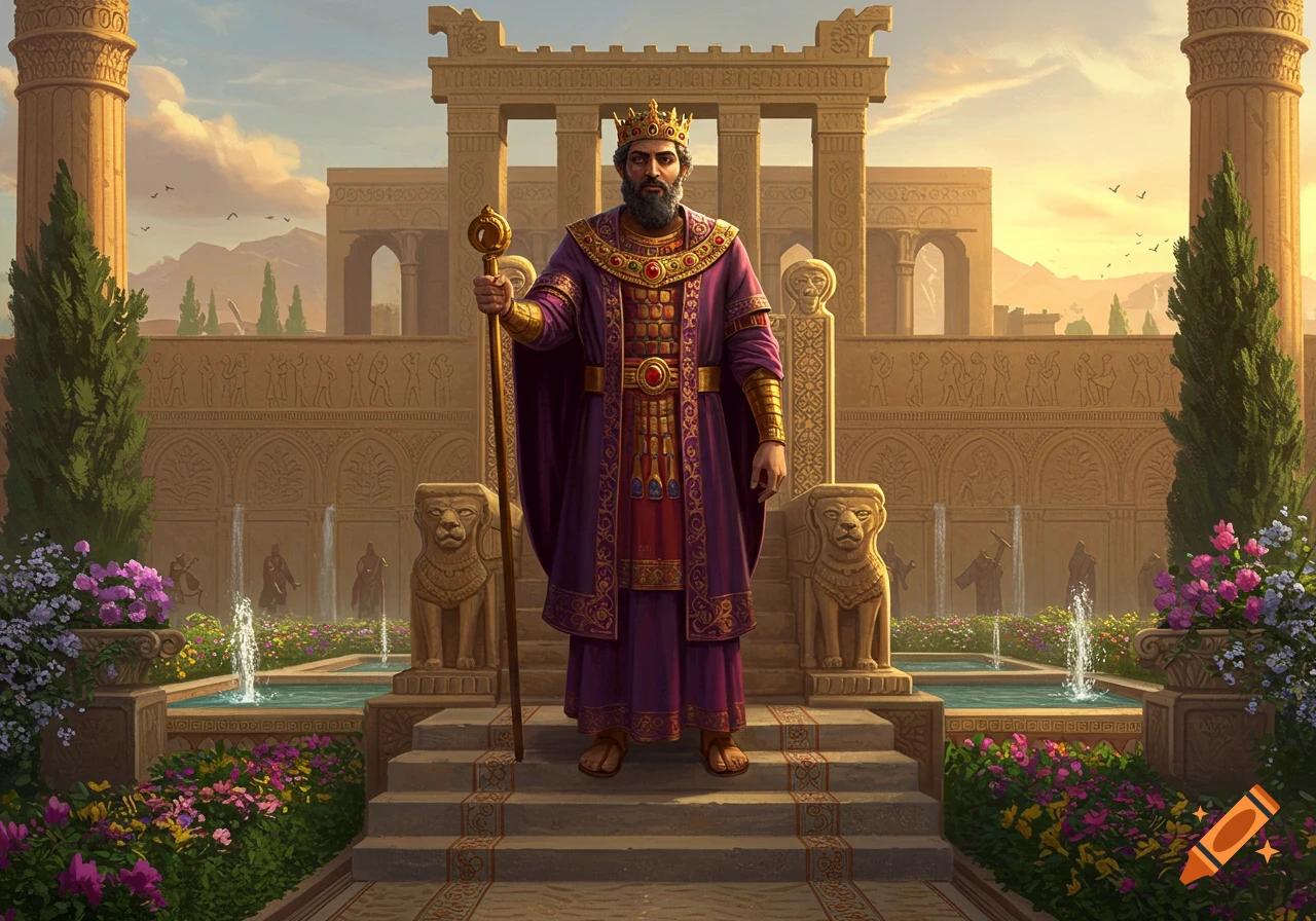A majestic king in purple robes and a gold crown stands before an ancient, ornate palace with gardens and fountains.