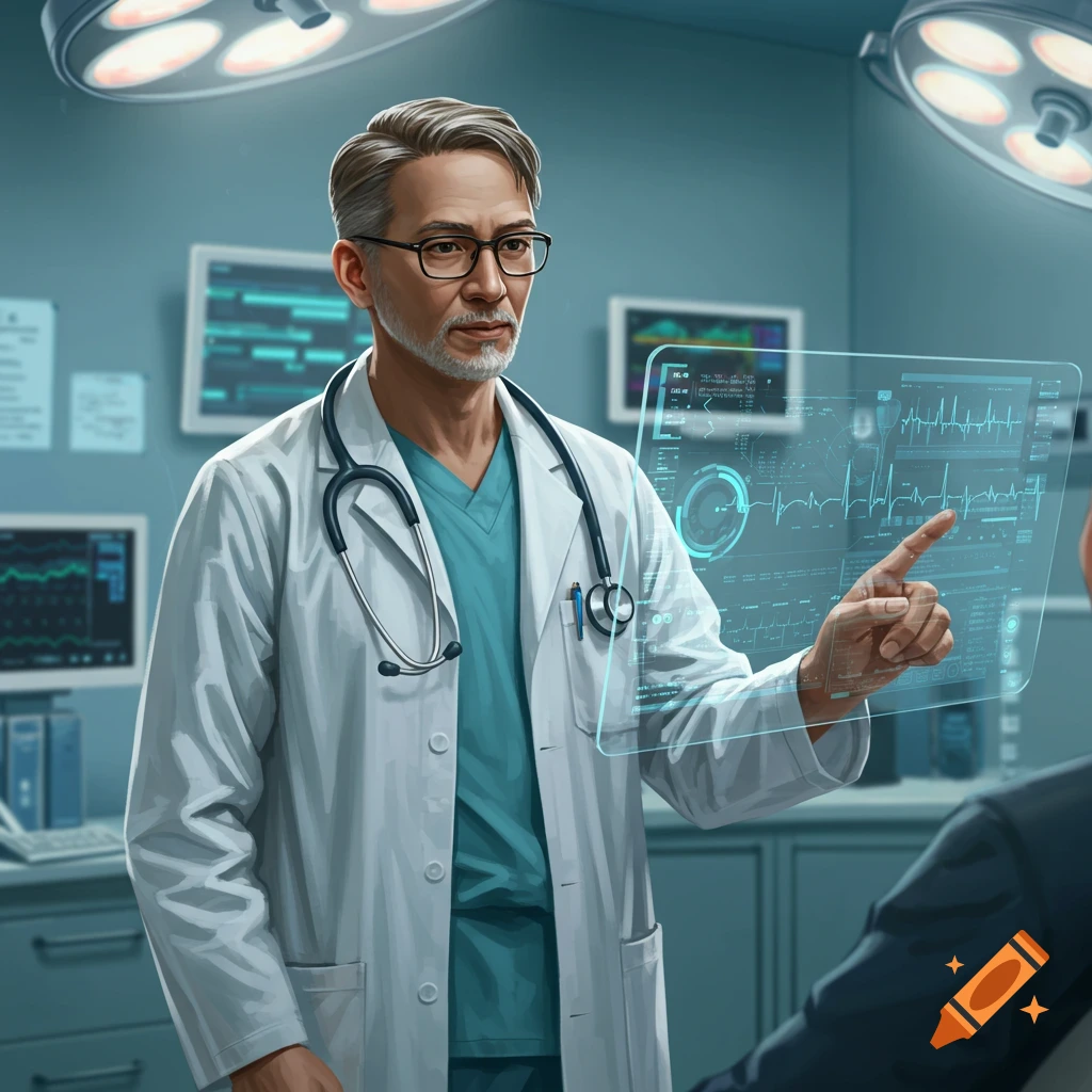 A male doctor in a lab coat points at a holographic medical display in a futuristic operating room.