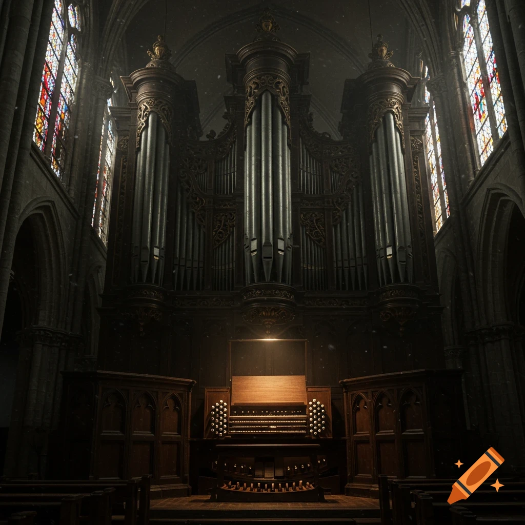 A grand, dark pipe organ inside a gothic cathedral, illuminated by a spotlight and light from stained glass windows.