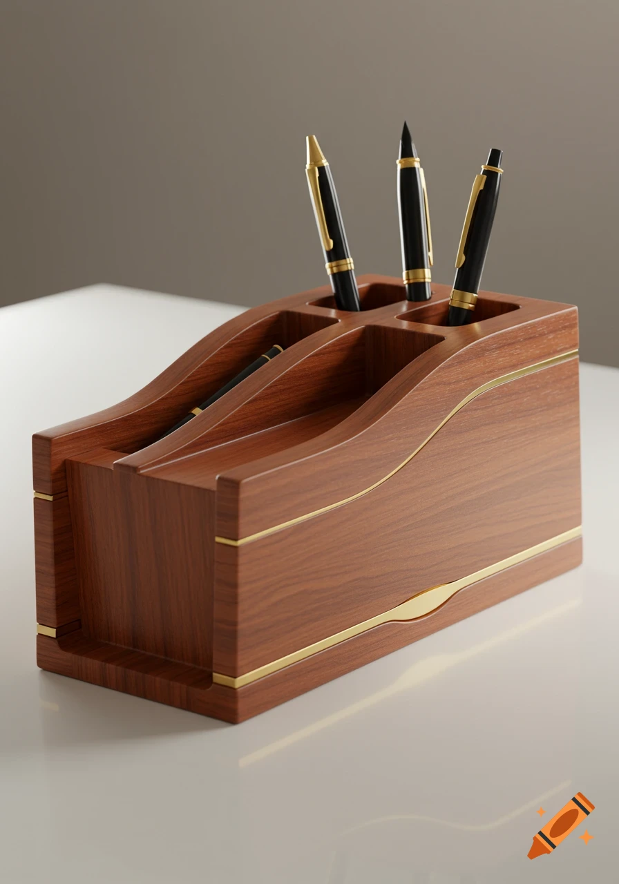A photorealistic image of a sleek wooden pen holder with gold accents, holding several black and gold pens on a white surface.