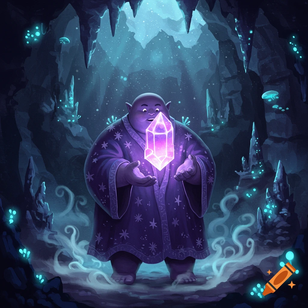 A plump, purple, goblin-like creature in a star-patterned robe holds a glowing pink crystal in a dark, magical cave.
