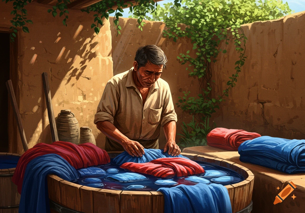 A man dyes blue and red clothes in a wooden barrel under a sunny, rustic awning.