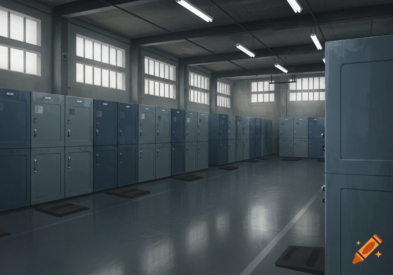 A long hall with rows of grey and blue lockers under fluorescent lights and large windows.