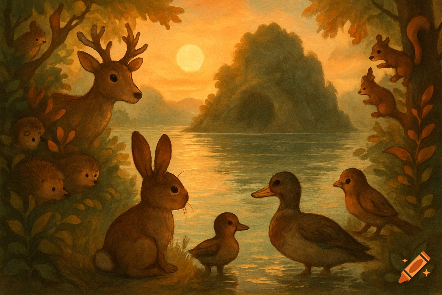 Painterly illustration of a deer, rabbit, ducks, birds, hedgehogs, and squirrels by a lake at sunset, looking at an island.