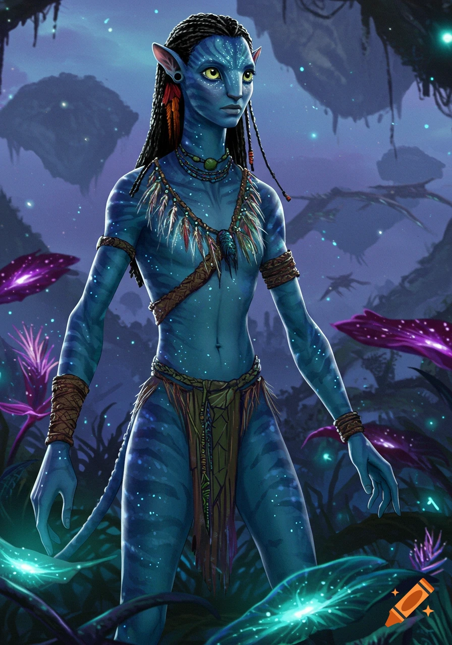A blue Na'vi woman with braided hair and feathered attire stands in a bioluminescent alien jungle, digital art.