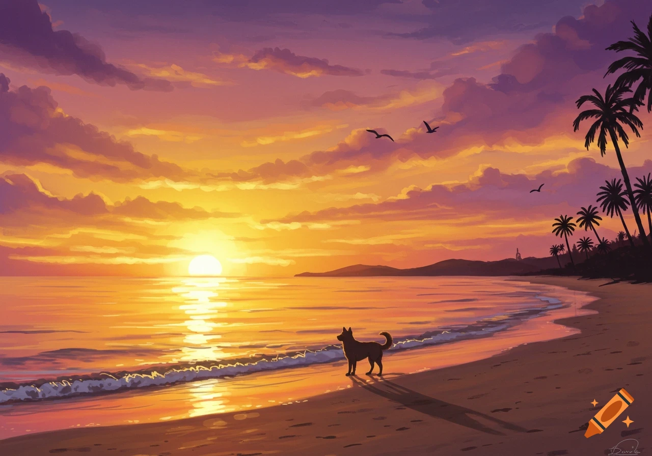 Illustrative painting of a dog on a sandy beach at sunset, with palm trees silhouetted against a vibrant orange and purple sky.
