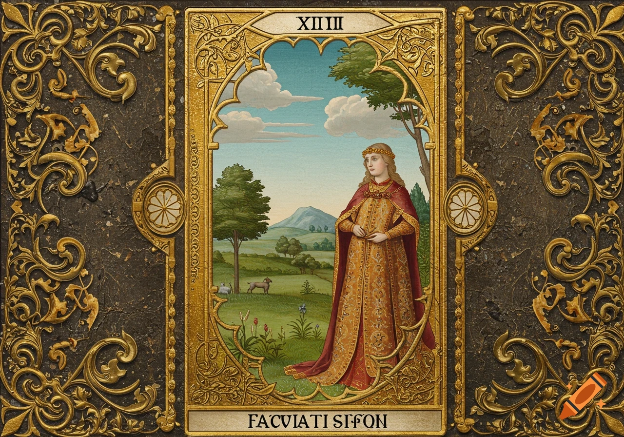 Medieval tarot card 'XIII' depicts a woman in an ornate gold and red gown in a pastoral landscape, framed by rich gold designs.