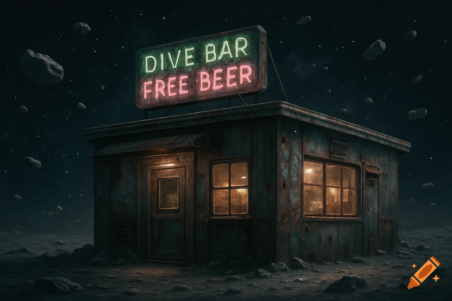 A run-down dive bar with a glowing neon sign 'DIVE BAR FREE BEER' on an asteroid in a dark, starry space.