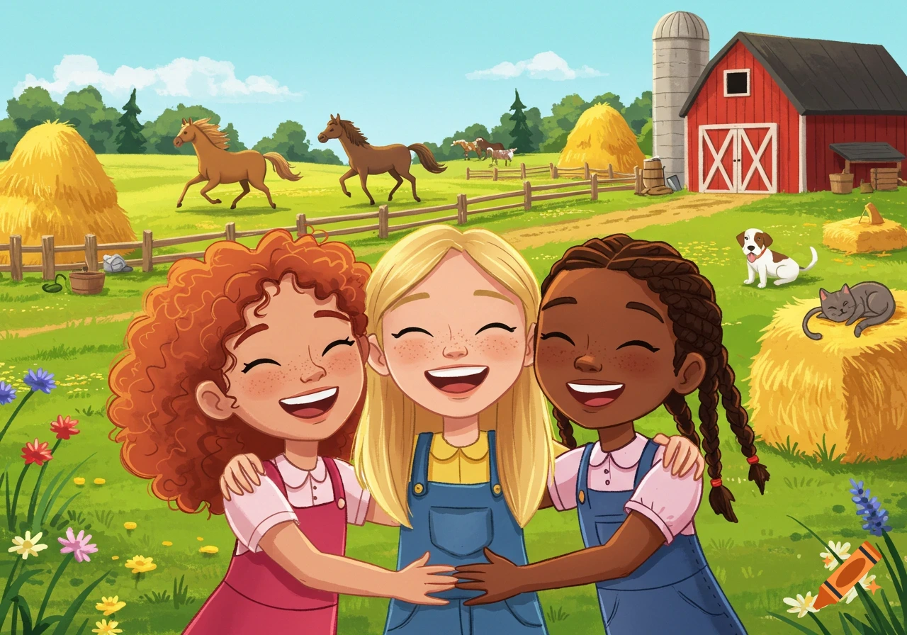 Three happy cartoon girls embrace in a sunny farm field with horses, a barn, hay bales, a dog, and a cat.