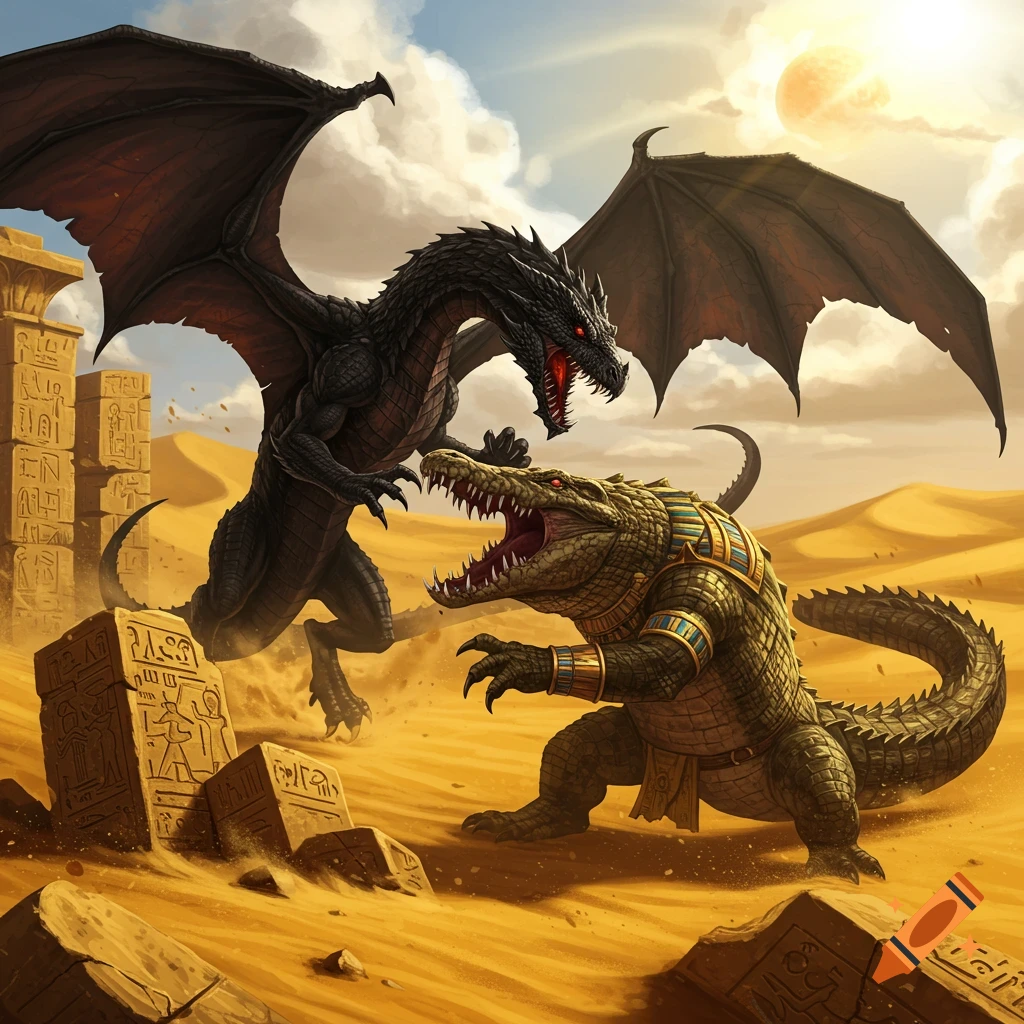 A black dragon with red eyes battles an armored ancient Egyptian crocodile monster in a sandy desert with ruins under a cloudy sky.