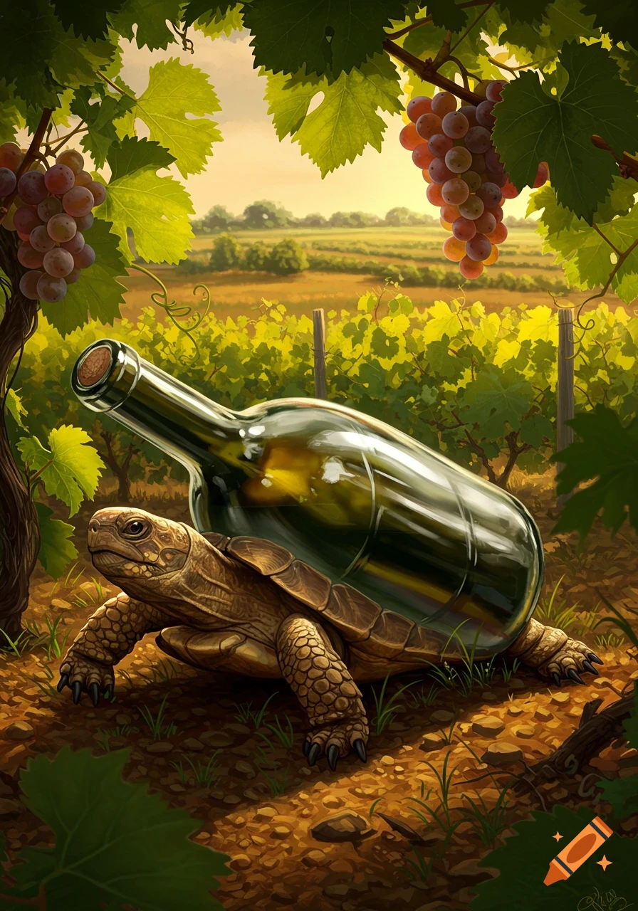 A turtle with a green wine bottle for a shell crawls through a sunny vineyard, with grapevines hanging overhead.