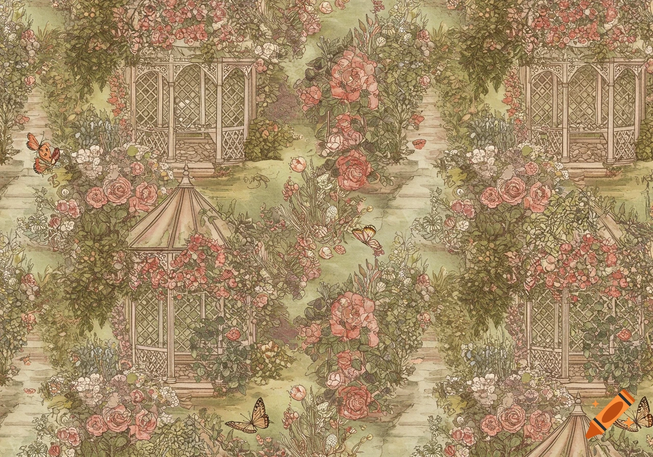 A seamless repeating pattern of a vintage garden with gazebos, lush pink roses, and butterflies, in an illustrated style.