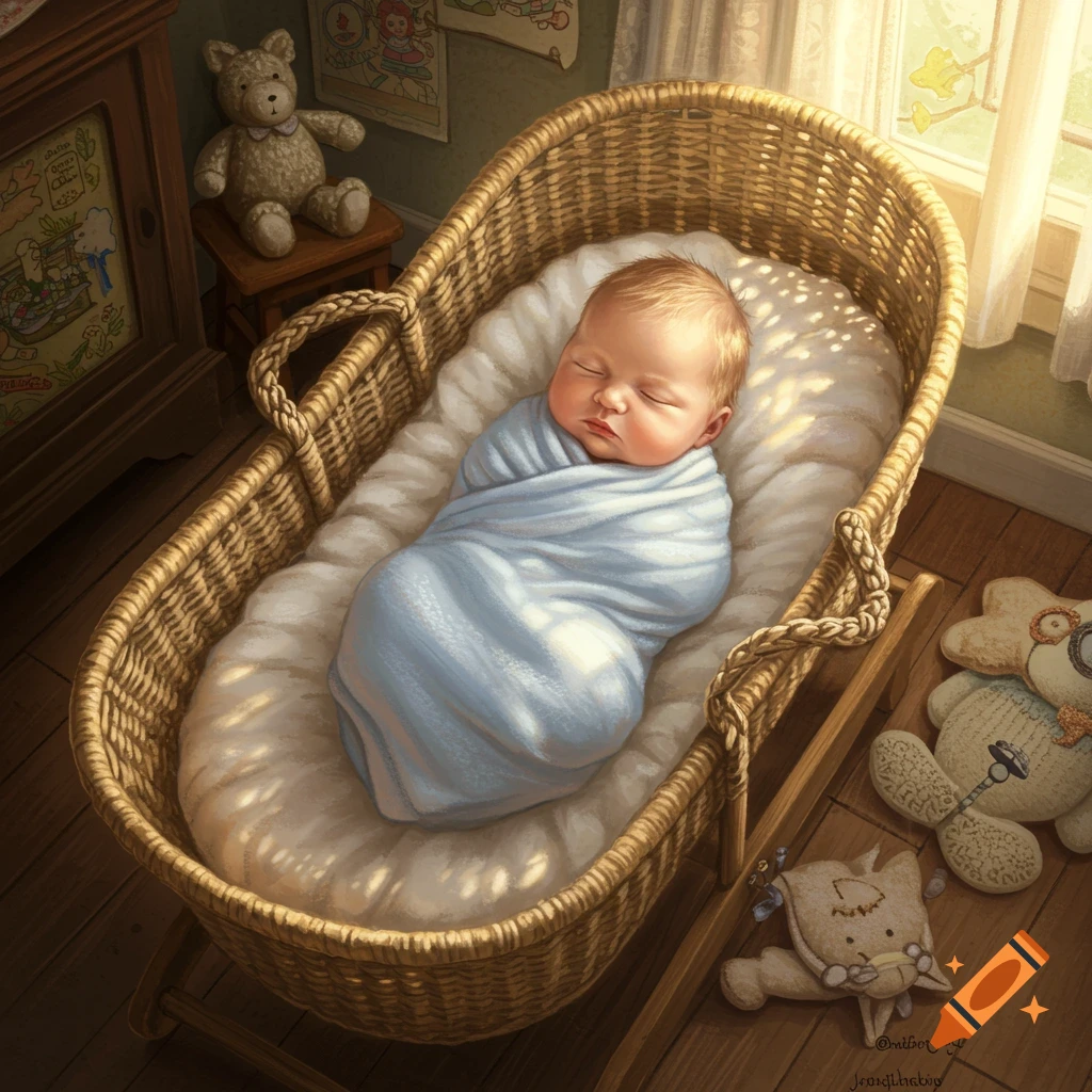 A sleeping baby swaddled in blue in a wicker bassinet, bathed in warm sunlight from a window.
