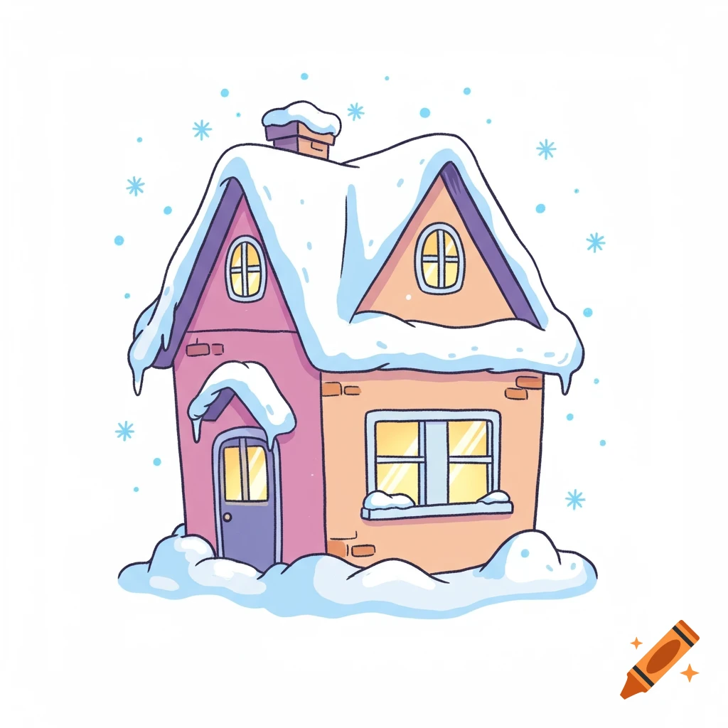 A cute cartoon house with a pink and orange facade, covered in white snow on its roof and surrounding ground, with light blue snowflakes on a white background.