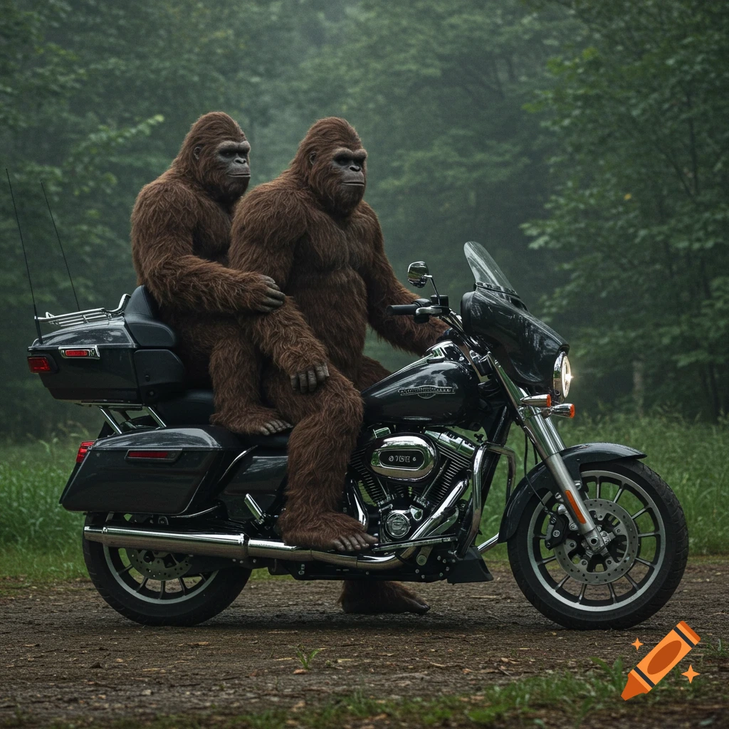 Two bigfoot creatures ride a black Harley Davidson Ultra Limited motorcycle through a misty forest setting in a photorealistic style.