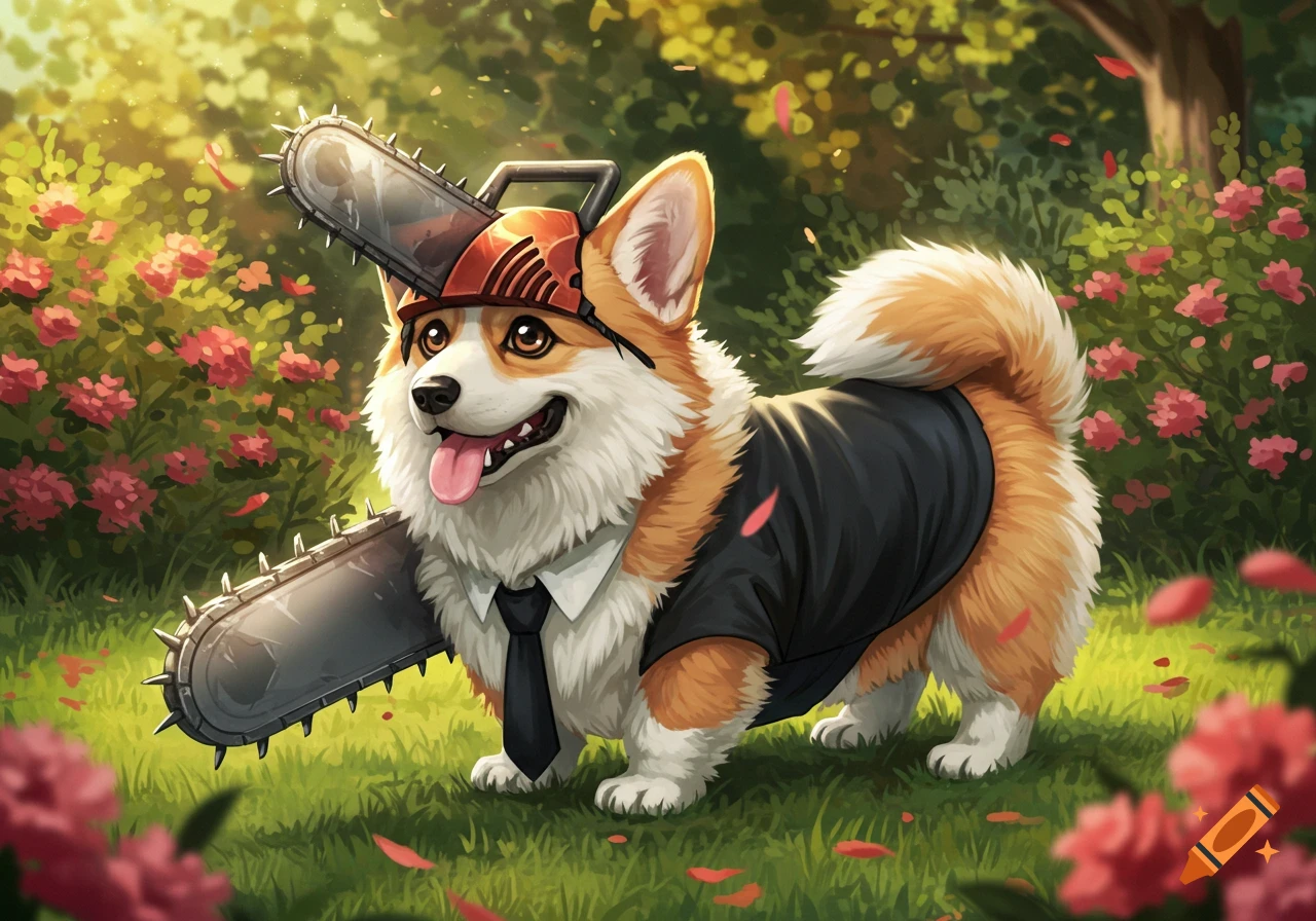 Fluffy corgi dressed as Pochita from Chainsaw Man, with chainsaw helmet and body, in a vibrant, sunny garden illustration.