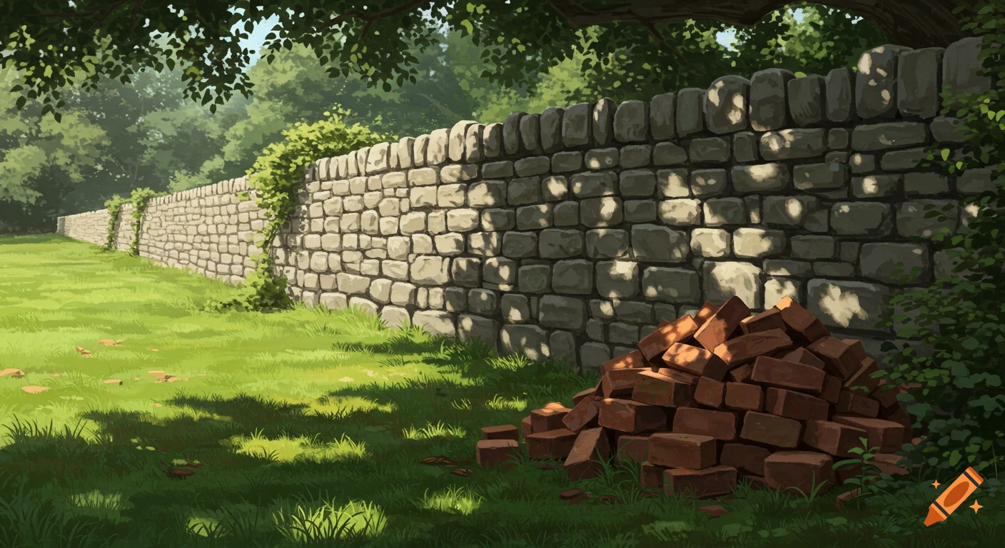 Illustrative landscape of a long stone wall with ivy and a pile of red bricks on green grass, under dappled sunlight.