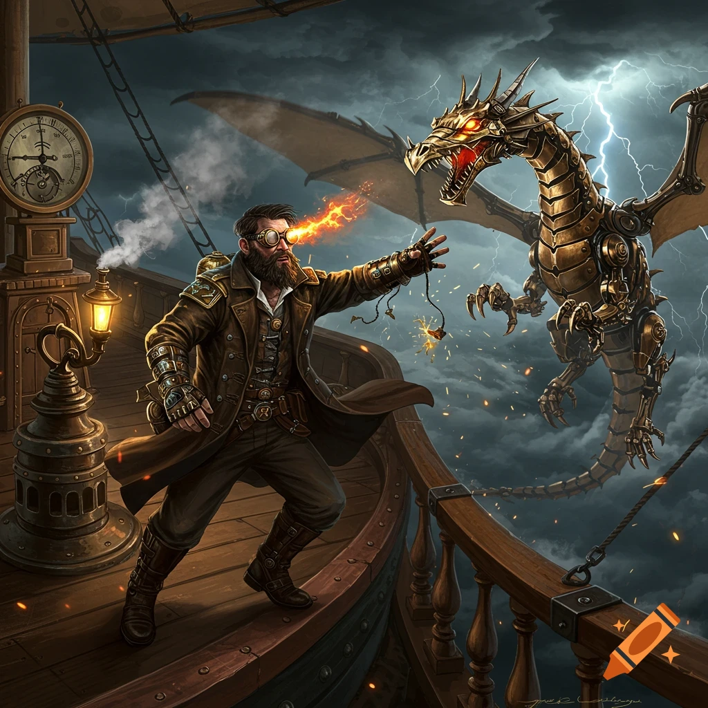 A steampunk man with goggles shoots fire from his eye at a mechanical dragon above a flying ship amidst a stormy, lightning-filled sky.