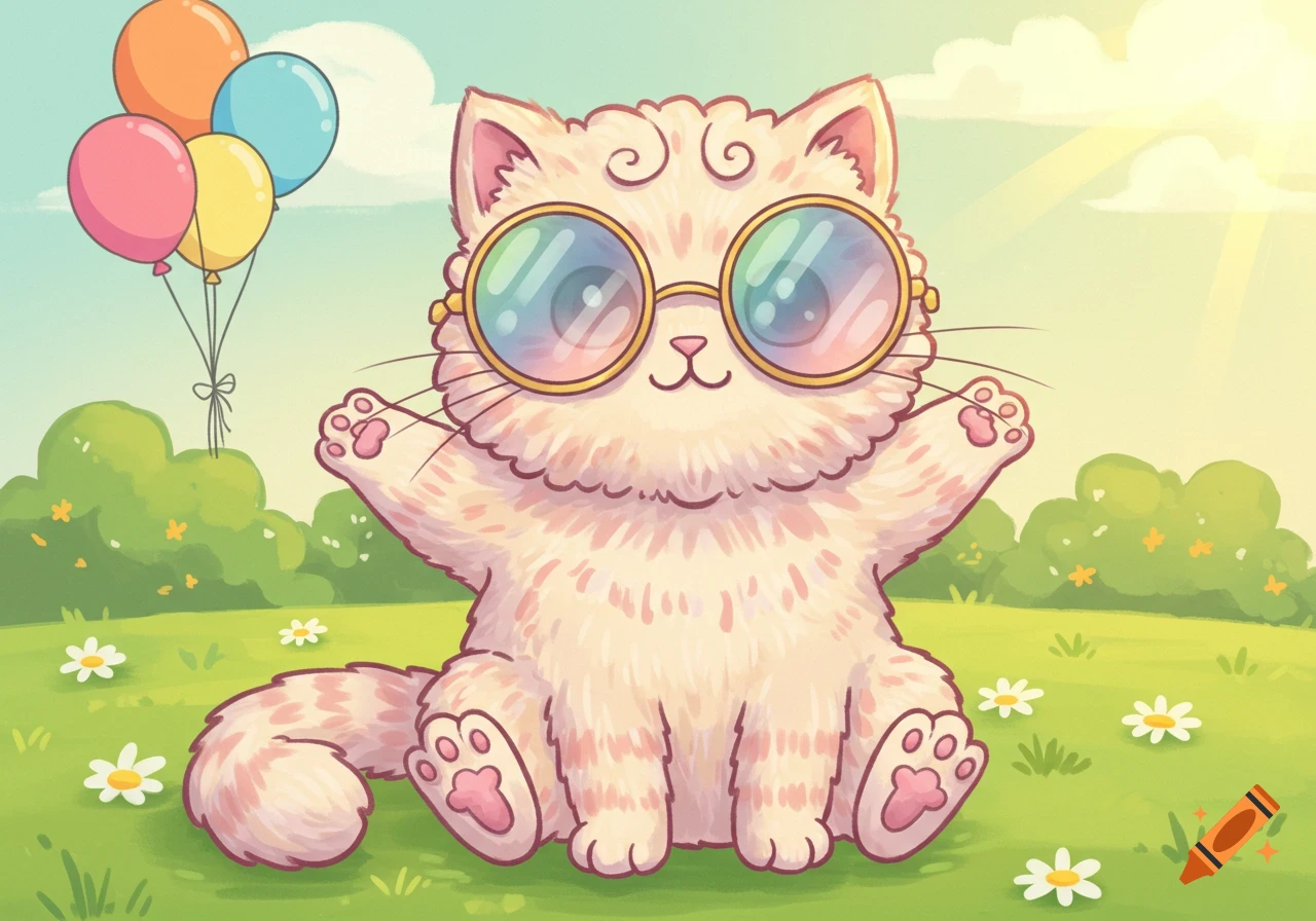Cute fluffy cartoon cat wearing rainbow-colored sunglasses, sitting in a sunny green field with daisies and colorful balloons.