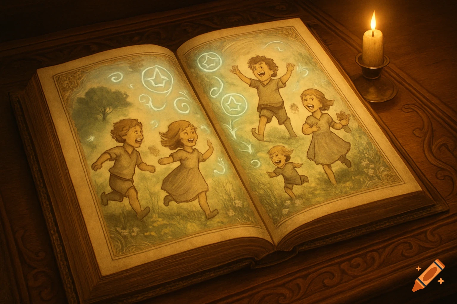 A warmly lit open storybook shows cartoon children playing happily on illustrated pages, surrounded by glowing magical symbols. A candle burns on a wooden table beside it.