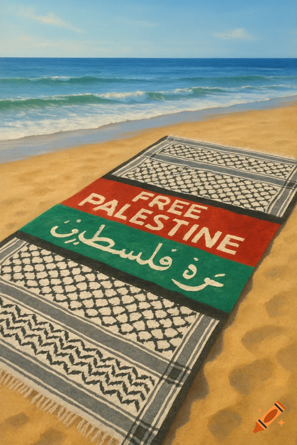 A keffiyeh-patterned beach towel with 'FREE PALESTINE' in English and Arabic on a sandy beach by the ocean.