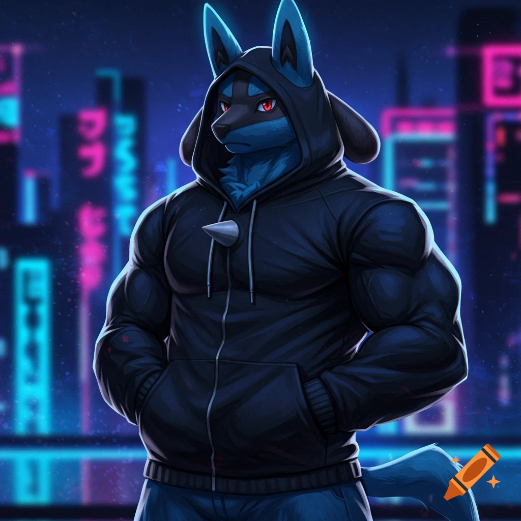 A muscular blue Lucario fursona wearing a black hoodie stands in a neon-lit cyberpunk city at night.