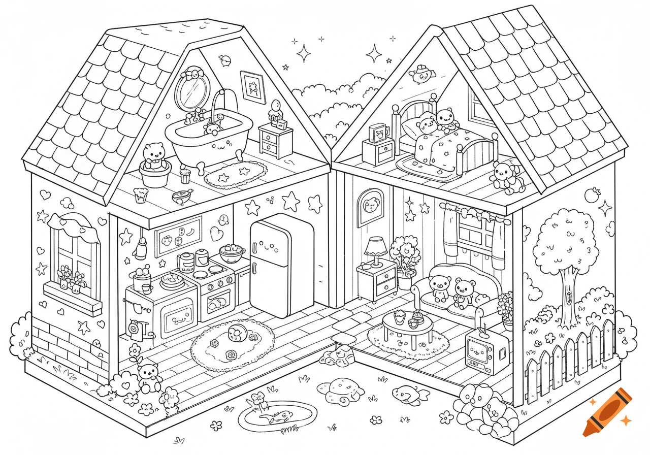 Kawaii black and white line art coloring page of a cross-section dollhouse with two floors, garden, smiling objects, and teddy bears.
